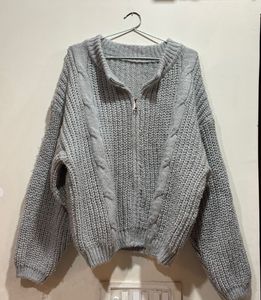 Gray Knit Zip-Up Cardigan