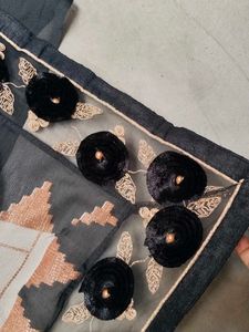 Elegant Grey &amp; Black Sari with Floral Detail