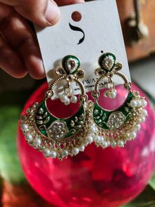 Green &amp; Pearl Chandbali Earrings