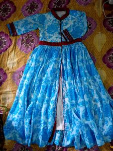 Blue &amp; White Floral Print Gown Dress