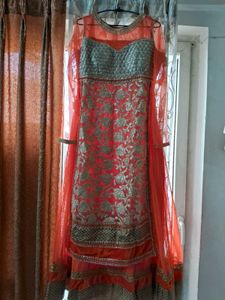 Orange Golden Embroidered Net Anarkali Gown