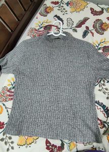 DressBerry Women Grey Melange Ribbed High Neck T-s