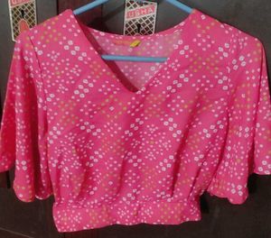 Pink Geometric Printed V Neck Flared Sleeves Crop