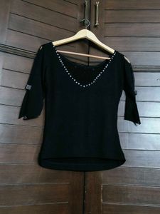 Women Black Sexy Deep V-neck Crystal Stone Top