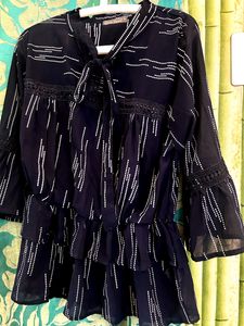 Nevy Blue bow tie neck and lace work top