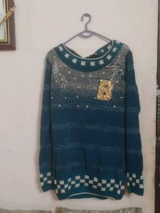 Embellished Blue Knit sweater cardigan and black s
