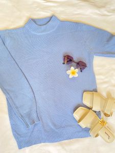Blue Knit Turtleneck Sweater