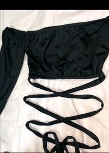 Black Tie-Up Crop Top Off Shoulder