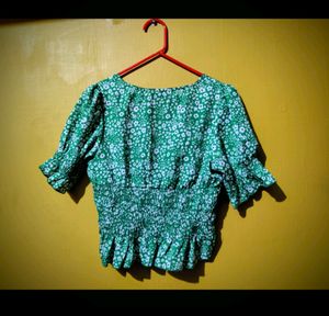 Puff Sleeves Floral Print Women Light Green Top