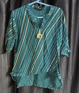 Teal Green With Stripped  Half Sleeve Short Kurta