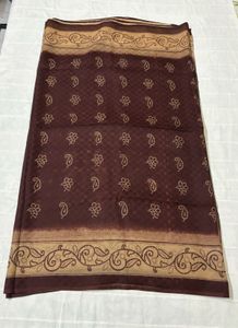Dark Brown Paisley Print Cotton Saree