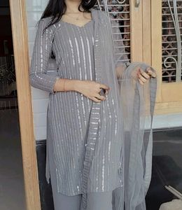 Grey Colour Full Pair Sequence Kurta Plazo And Du