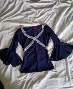 Navy Blue Lace Trim Bell Sleeve Top