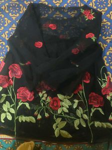 Party Wear Black Net Top With Red Flower