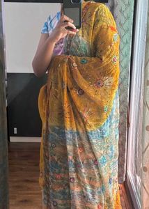 Beaded Dual-tone Saree In Mustard And Teal