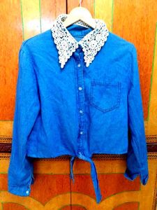 Blue Denim Crochet Collar Top