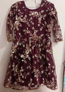 Maroon Embroidered Frock with Golden Silk Pant