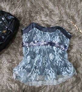 Grey Lace And Sequin Corset Top