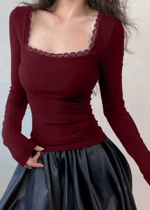 Burgundy Lace Trim Long Sleeve Top