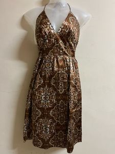 Brown Patterned Halter Dress
