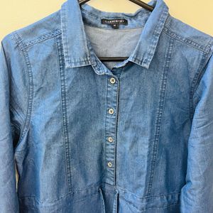Women Blue Pure Cotton Solid Denim Shirt Dress