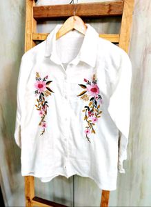 Floral Embroidered White Shirt Size-36-38