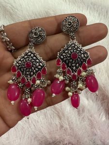 Beautiful Oxidised Pink Pearl Choker With Earrings