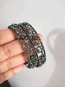 Oxidised silver stone studded Bangle Set