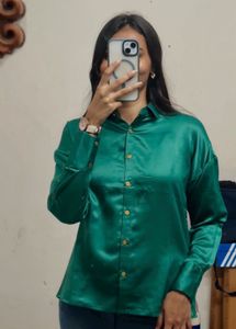 Emerald Green Satin Button-Down Shirt