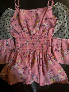 Pink Floral Top with Polka Dot Sleeves