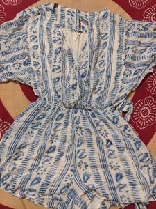 Blue & White Print Romper