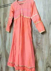 Coral Colour Cotton Long Designer Kurti Size-34