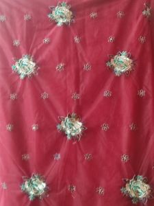 RED NET SAREE WITH BIG EMBROIDERED FLOWERS