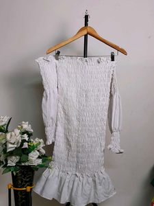 White Off-Shoulder Smocked Mini Dress