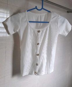 White Ribbed Button-Front Top