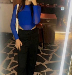 Blue Mesh Long Sleeve Top,newme top