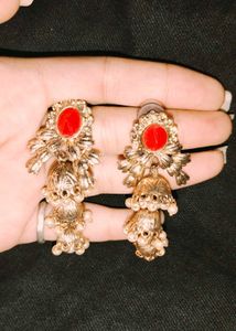 Red &amp; Gold Jhumka Earrings