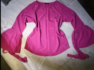 Pink Bell Sleeve Top Embellished With Pearls