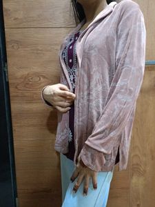 Mauve Leaf Patterned Open Front Jacket