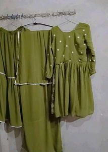 Olive Green Embroided Kurti With Garara &amp; Dupatta