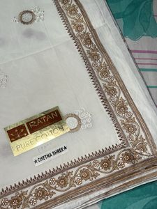 Brown Floral Bordered White Saree