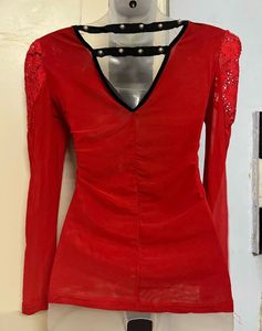 Red Lace Embellished Top