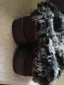 Fuzzy Trim Suede Slippers