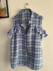 Blue Plaid Cold Shoulder Top