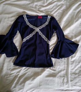 Navy Blue Lace Trim Bell Sleeve Top