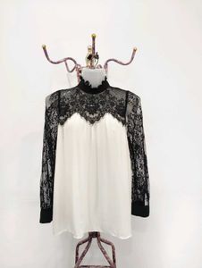 Lace Trim Mock Neck Blouse