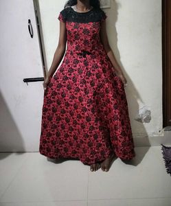 Elegant Red & Black Floral Gown