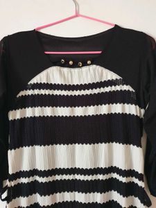 Striped Black &amp; White High-Low Kurti