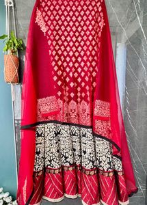 Red and Black Anarkali Gown With Net Dupatta