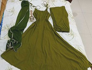 Olive Green Anarkali Suit Set
